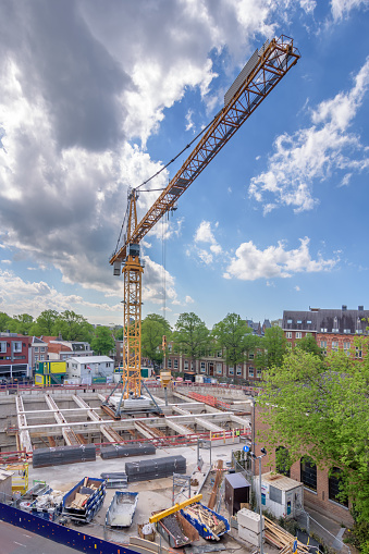 Leiden, Netherlands - April 26, 2019: The construction of the new underground parking garage on the Garenmarkt in the center of Leiden is in full swing.