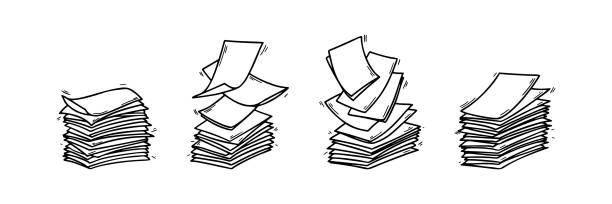 Set of stack of paper pages line art. Blank sheets. Hand drawn doodle vector illustration. Doodle paper heap. Contract document pile Set of stack of paper pages line art. Blank sheets. Hand drawn doodle vector illustration. Doodle paper heap. Contract document pile paper piles drawing stock illustrations