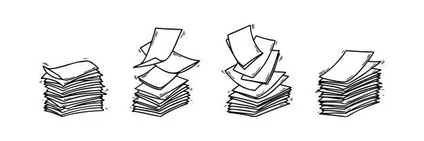 Vector illustration of Set of stack of paper pages line art. Blank sheets. Hand drawn doodle vector illustration. Doodle paper heap. Contract document pile
