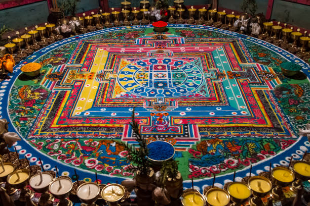 A mandala made of colored sand for Buddhist meditation in a monastery in Tibet