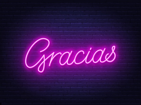 Gracias neon lettering on brick wall background.