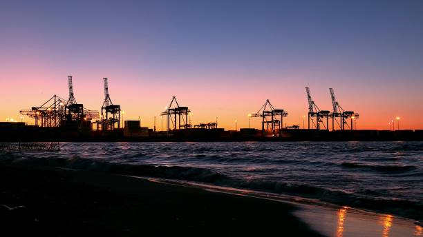Container Ship Terminal and Cranes in the Evening