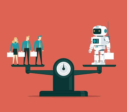Balance scales human vs robot. Competition concept artificial intelligence digital technology.