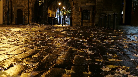 Man Walking Empty Cobbled Street in London at Night