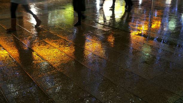 istock Businessmen and Commuters Walking Wet Pavement in Rainy Evening 1667614591