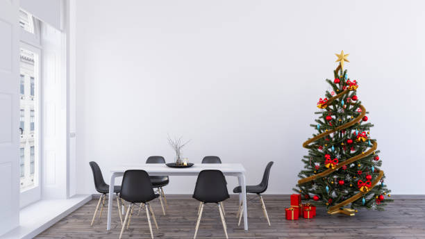 istock Decorated Christmas tree in a Scandinavian dining room with copy space, 3d render 1667614977