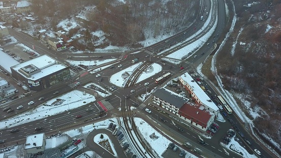 Aerial of City Roundabout Junction Traffic in Winter at Sunset