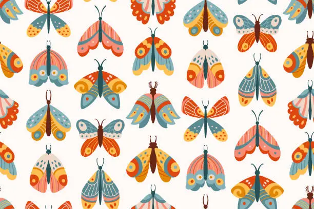 Vector illustration of Butterfly moth ethnic boho mystical seamless retro pattern insects boundless wallpaper folk template