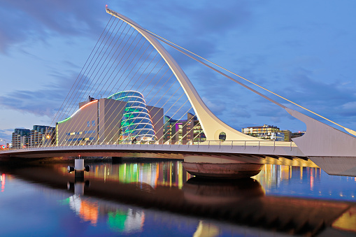 Dublin, Ireland - August 15, 2023: Samuel Beckett Bridge at night (Dublin, Ireland).