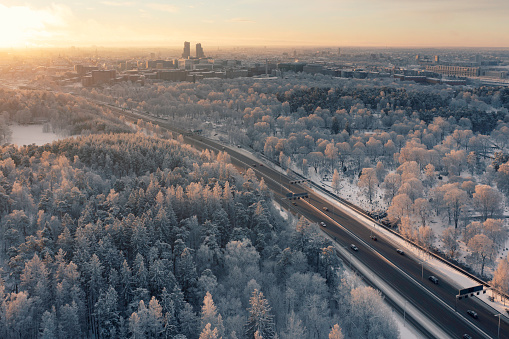 View over E4 highway near central Stockholm on a winter morning in sunlight.