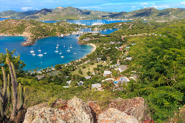 Antigua Aerial View, Falmouth Bay, English Harbour Antigua Bay, view from Shirely Heights, Antigua, West Indies, Caribbean falmouth harbor stock pictures, royalty-free photos & images