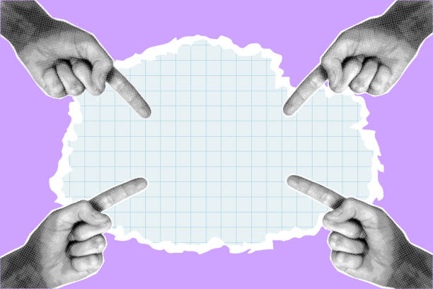 Halftone gesture Halftone collage of hand banner pointing gesture on sheet of notebook paper. Retro paper cut elements on pastel background, halftone finger. popart hand stock illustrations