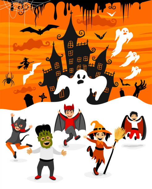 ilustraciones, imágenes clip art, dibujos animados e iconos de stock de cartel de halloween. truco o tratos. - running mummified horror spooky