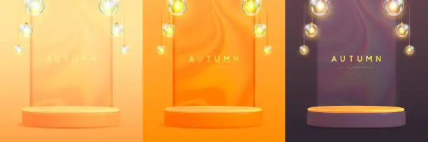 Vector illustration of Set of autumn backgrounds with 3d podium and electric lamps. Vector illustration