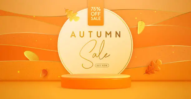 Vector illustration of Autumn big sale banner with 3d podium, autumn falling leaves and gold luxury texture. Vector illustration
