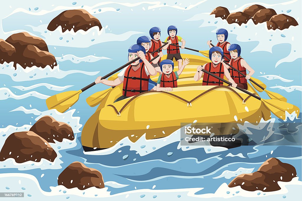 People rafting A vector illustration of a group of happy people rafting on river Rapids - River stock vector