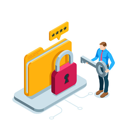 isometric man with a key stands near a folder with a lock in color on a white background, a locked file or protected data