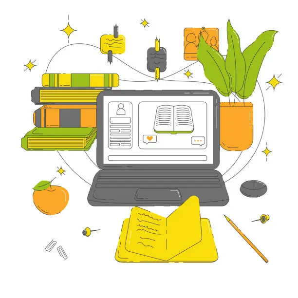 Vector illustration of Flat Vector Illustration of Workplace With Laptop, Books, Note Pad, Home Plant, Apple and Other Objects. Perfect for Web Banners, Social Media, Posters, Cards, Printed Materials, etc.