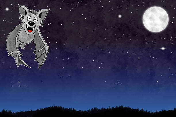 ilustraciones, imágenes clip art, dibujos animados e iconos de stock de ilustración de un murciélago de dibujos animados en el cielo nocturno con espacio de copia y estrellas - bat moon outdoors nature