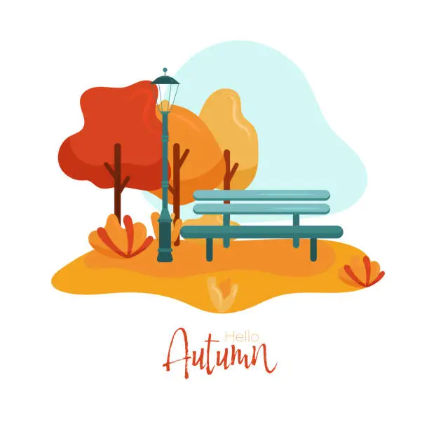 Vector illustration of Warm Autumn Vector Illustration With Trees, Bench and Street Light. Perfect for Banners, Social Media, Cards, Printed Materials, etc.