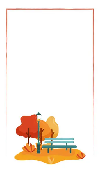 Vector illustration of Decorative Vector Vertical Banner. Frame With Autumn Park Scene With Trees, Bench and Street Light. Perfect for Social Media, Banners, Cards, Printed Materials, etc.