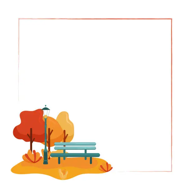 Vector illustration of Decorative Vector Square Frame With Autumn Park Scene With Trees, Bench and Street Light. Perfect for Social Media, Banners, Cards, Printed Materials, etc.