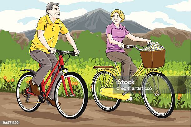 Ilustración de Pareja Senior Ciclismo y más Vectores Libres de Derechos de Actividad - Actividad, Actividades recreativas, Adulto