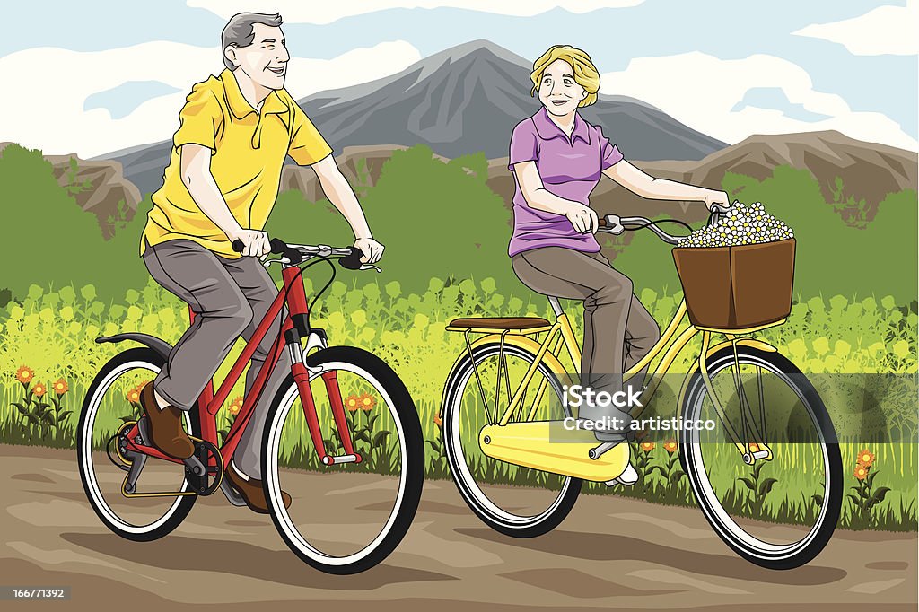 Sênior casal andando de bicicleta - Vetor de Adulto royalty-free