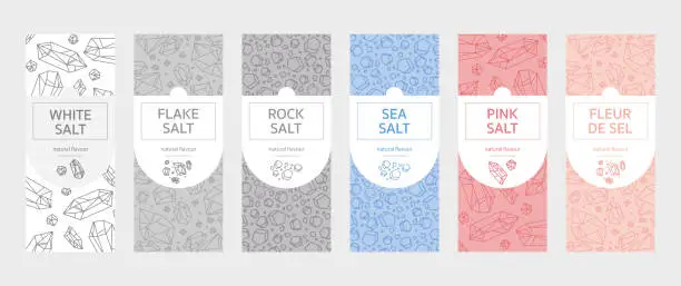 Vector illustration of Set of labels for jars and bottles with with salts: Table salt, Sea salt, Pink Himalayan salt, Rock salt, Fleur de sel, Flake salt, red, pink, white, vector illustration