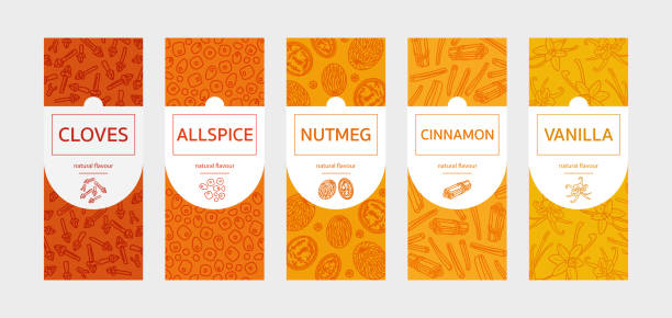 Set of warm and sweet spices, labels for jars and bottles Set of warm and sweet spices, labels for jars and bottles: cloves, allspice, nutmeg, cinnamon, vanile, vector illustration allspice stock illustrations