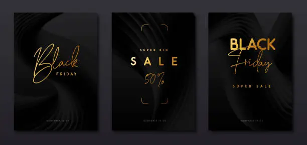 Vector illustration of Set of Black Friday big sale posters with abstract black 3D fluid background. Ser of Modern covers design. Vector illustration