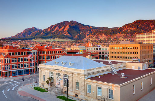 Downtown Boulder surrounded by the  Flatiron Mountains