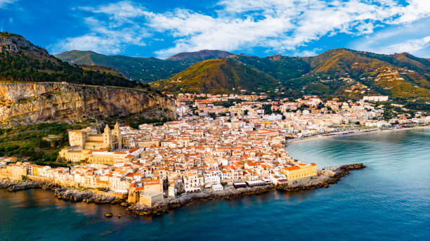 Aerial view of Cefalu, on the Tyrrhenian coast of Sicily, Italy Aerial view of Cefalu, on the Tyrrhenian coast of Sicily, Italy cefalu stock pictures, royalty-free photos & images