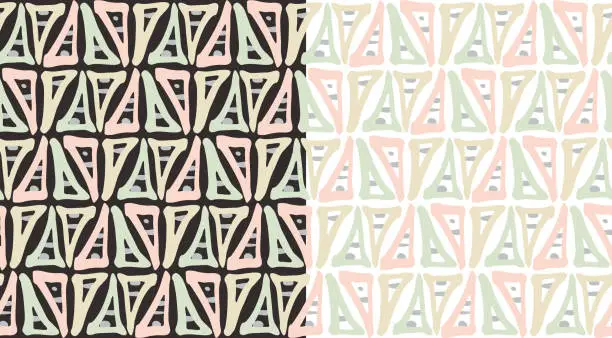 Vector illustration of Triangle shape ethnic seamless patterns, set of 2. Hand drawn doodle paint brush stroke geometric grid, modern artistic monochrome Nordic design. White, black colour background