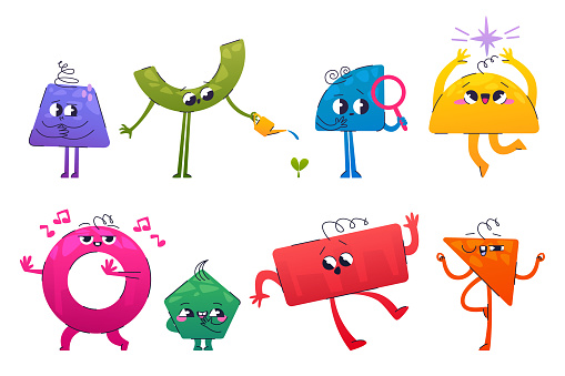 Set of geometric figure characters with different emotions. Flat vector illustration of rectangle, triangle, circle, trapeze, pentagon mascots with doodle elements singing, dancing, happy, sad