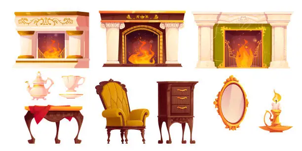 Vector illustration of Victorian old house room interior with fireplace