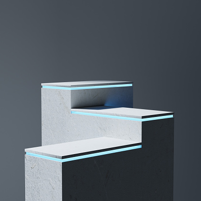 Abstract staircase with cyan led lines, three-levelled podium for product presentation