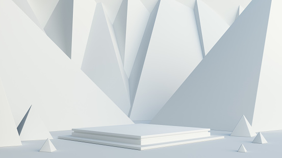 Abstract geometric white scene with podium in the middle. 3d rendered display platform for product presentation.