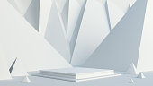 Abstract geometric white scene with podium in the middle. 3d rendered display platform for product presentation.