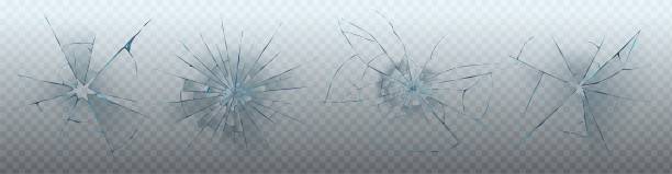 illustrations, cliparts, dessins animés et icônes de ensemble réaliste de fissures de verre - bullet hole glass window broken