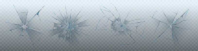 Realistic set of glass cracks isolated on transparent background. Vector illustration of broken window, monitor display, gadget screen, car windshield, gunshot effect. Accident design elements