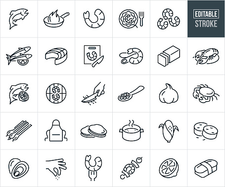 A set of seafood icons that include editable strokes or outlines using the EPS vector file. The icons include a fish, frying pan cooking seafood, shrimp, shrimp scampi, prawns, sardines, salmon, ingredients, lobster, crab, caviar, garlic, shallots, apron, clams, oysters, cooking, corn, scallops, shrimp kabob, lemon, sushi and other related icons.