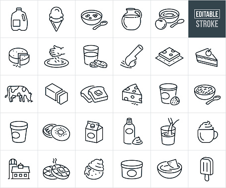 A set of dairy and dairy foods icons that include editable strokes or outlines using the EPS vector file. The icons include a gallon of milk, ice cream in a cone, bowl of cereal, glass pitcher full of milk, bowl of strawberry yogurt, cheese wheel, cheese on a pizza, glass of milk with cookies, ice cream scoop scooping ice cream, Swiss cheese on a cracker, butter, dairy cow, butter on toast, Swiss cheese, strawberry yogurt in a cup, cottage cheese in a bowl, pint of ice cream, ice cream container, bagel with cream cheese, whipping cream, carton of whip cream, milk being poured into a glass, expresso with cream, dairy farm, butter on a waffle, whip cream on a strawberry, cream cheese dip and a cream pop-cycle.