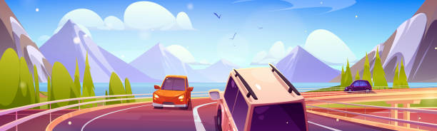istock Car road trip to mountain vector cartoon landscape 1667770359