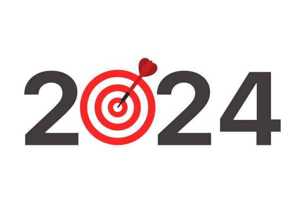 illustrations, cliparts, dessins animés et icônes de concept d’objectifs 2024 avec cible et flèche de fléchette - voeux 2024