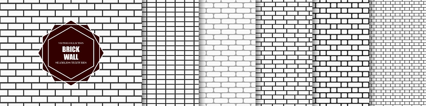 Collection of brick wall seamless patterns. Simple black and white endless architecture construction backgrounds. Minimalistic geometric mosaic repeatable textures.