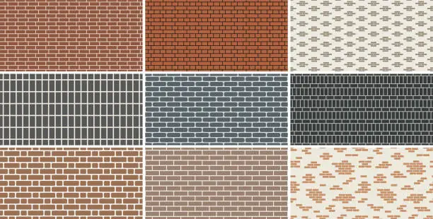 Vector illustration of Collection of brick wall seamless patterns. Simple endless color brickwork decorative backgrounds. Minimalistic geometric repeatable textures