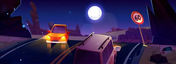 Vector illustration of Cars drive on road in desert at night