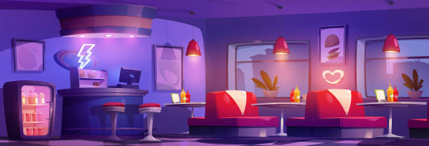 Night restaurant interior for diner cartoon vector Night restaurant interior for diner cartoon vector. Neon lightning in empty american fast food cafe store background scene. Canteen counter near refrigerator with bottle. Ketchup and mustard on table indoors bar restaurant sofa stock illustrations