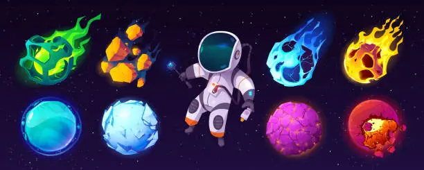Vector illustration of Planet and astronaut cartoon game illustration set